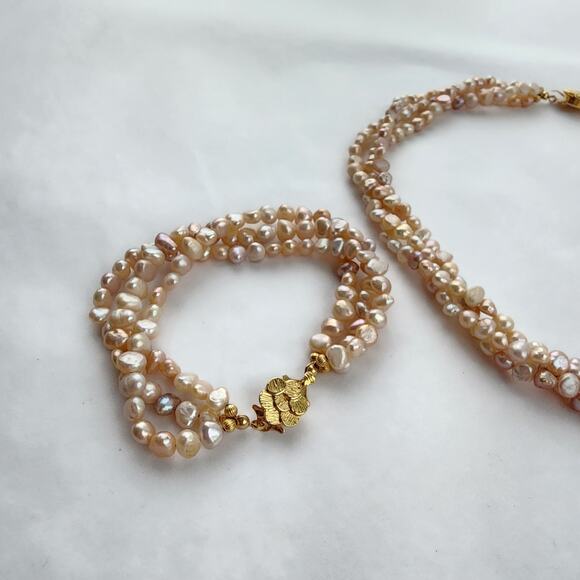 Genuine Pearl Statement Choker Necklace & Bracelet Set New Peachy Pink Old Money - Picture 5 of 11